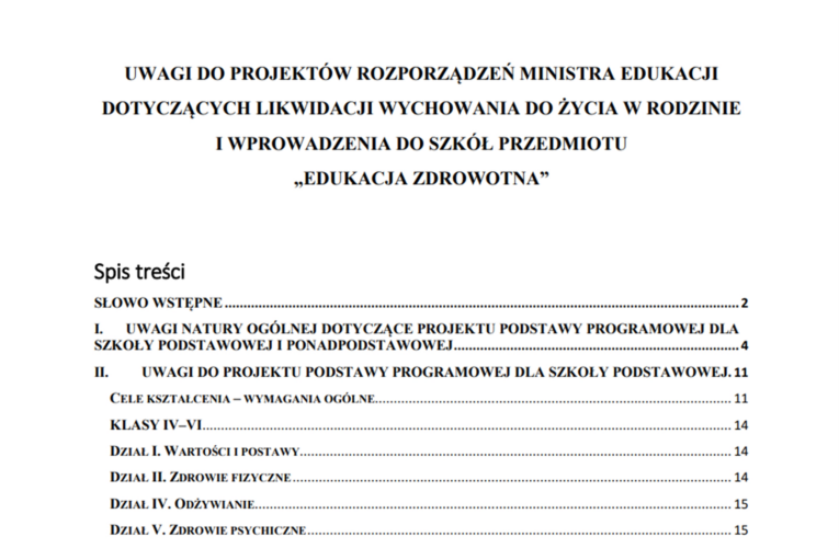 Analiza projektu podstaw programowych edukacji zdrowotnej