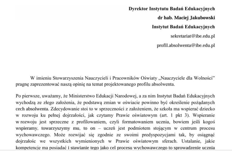 Wysłaliśmy do IBE/MEN naszą opinię dotyczącą profilu absolwenta