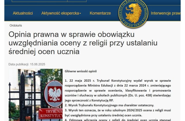 Co z oceną z religii na świadectwie – wyjaśnia Ordo Iuris 