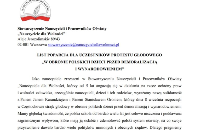 Popieramy protest głodowy w obronie uczniów przed demoralizacją i wynarodowieniem